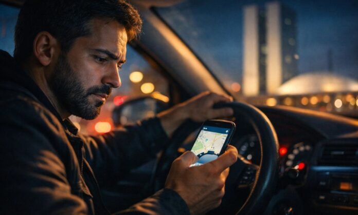 Motorista de aplicativo olhando celular dentro do carro enquanto governo discute novas regras para Uber e iFood no Brasil