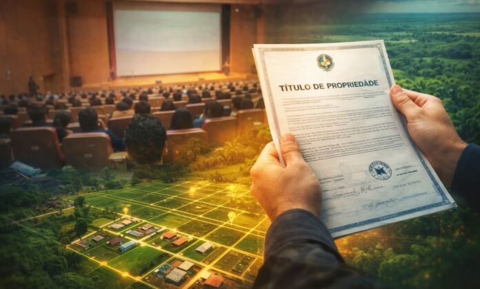 Família recebe título de propriedade durante ação de regularização fundiária do programa Regulariza Rondônia em comunidade do estado