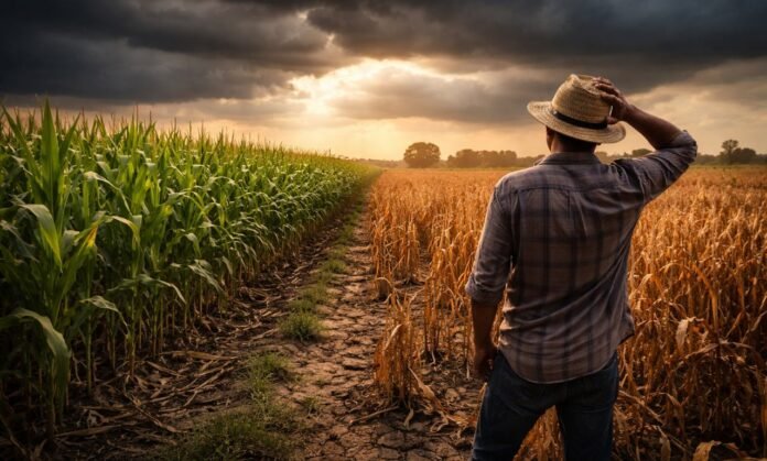 Safrinha de milho com plantação dividida entre área verde e seca sob céu carregado indicando atraso no plantio e risco na produção agrícola