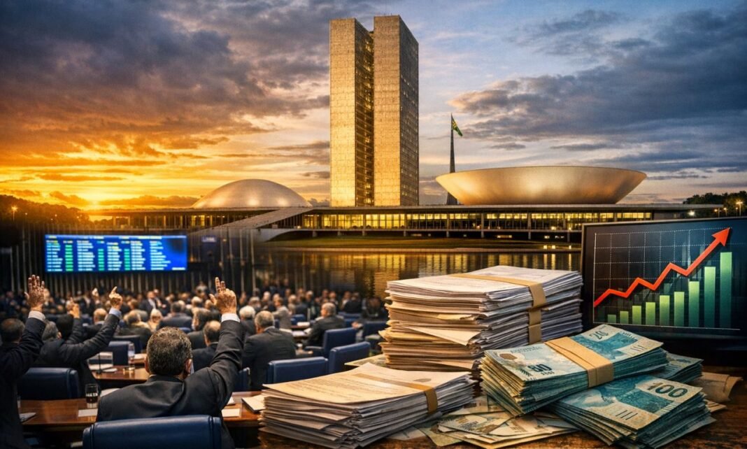 Senado Federal e Congresso Nacional em Brasília durante decisão que cria novos cargos no Executivo e reajustes salariais.