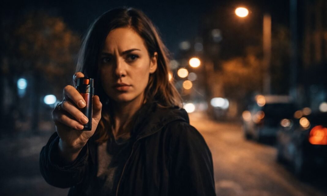spray de pimenta para mulheres usado para defesa pessoal em rua urbana à noite