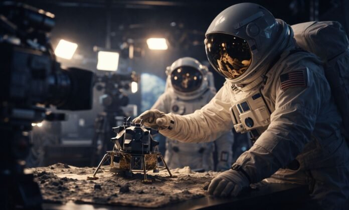 teorias da lua astronautas em estúdio manipulando miniatura de nave da NASA