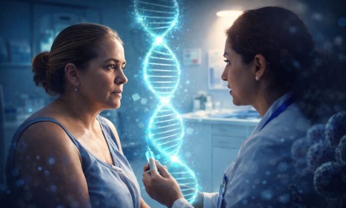 Mulher em consulta médica realizando exame preventivo com tecnologia de DNA para detecção do HPV em unidade de saúde