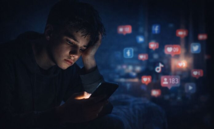 adolescente olhando celular à noite representando uso excessivo das redes sociais e impacto na saúde mental dos jovens