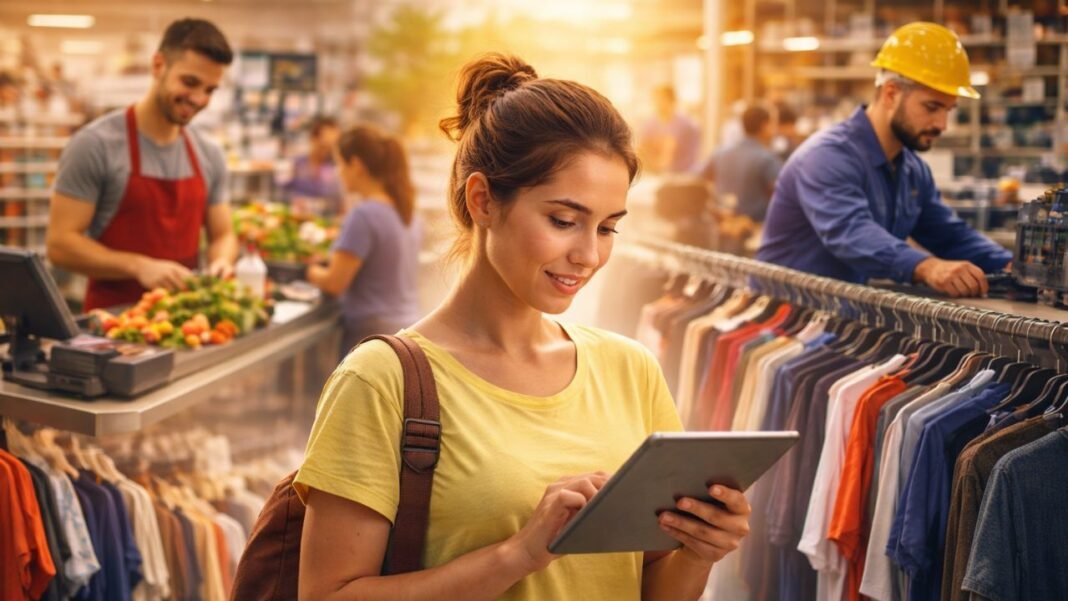 trabalhadora organizando roupas em loja representando geração de empregos e vagas de trabalho em Rondônia