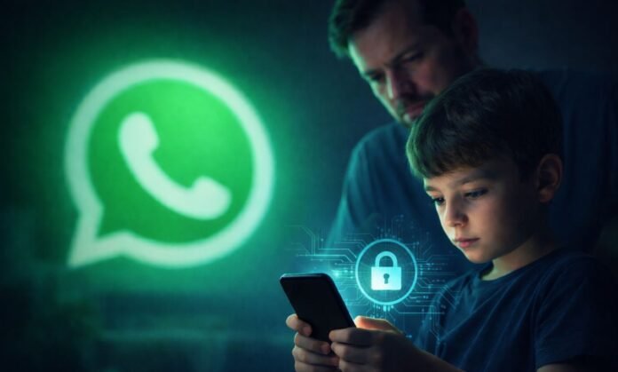 Pai observa criança usando celular enquanto WhatsApp anuncia contas supervisionadas para menores