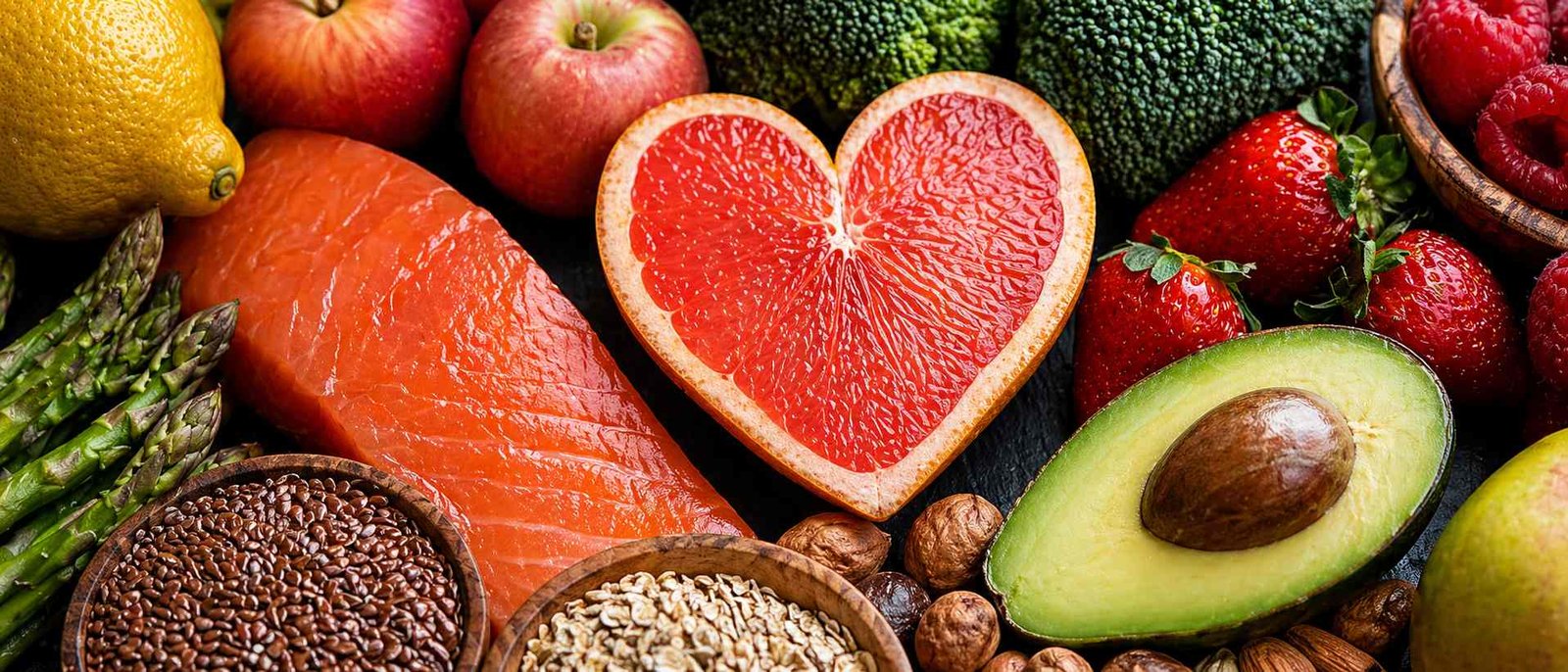 Imagem em macro de alimentos naturais organizados sobre fundo escuro, com grapefruit em formato de coração, salmão, abacate, frutas vermelhas, brócolis, maçãs, castanhas, sementes e grãos.