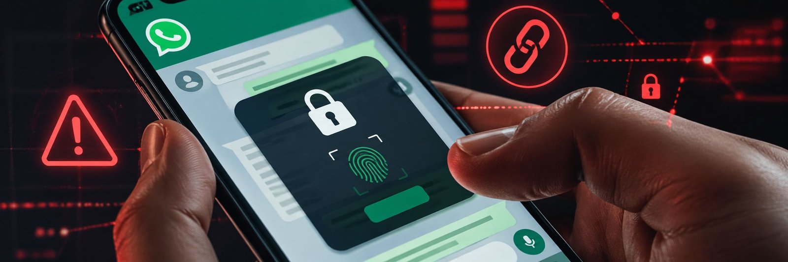 Interface falsa do WhatsApp em celular com alerta de segurança e risco de invasão