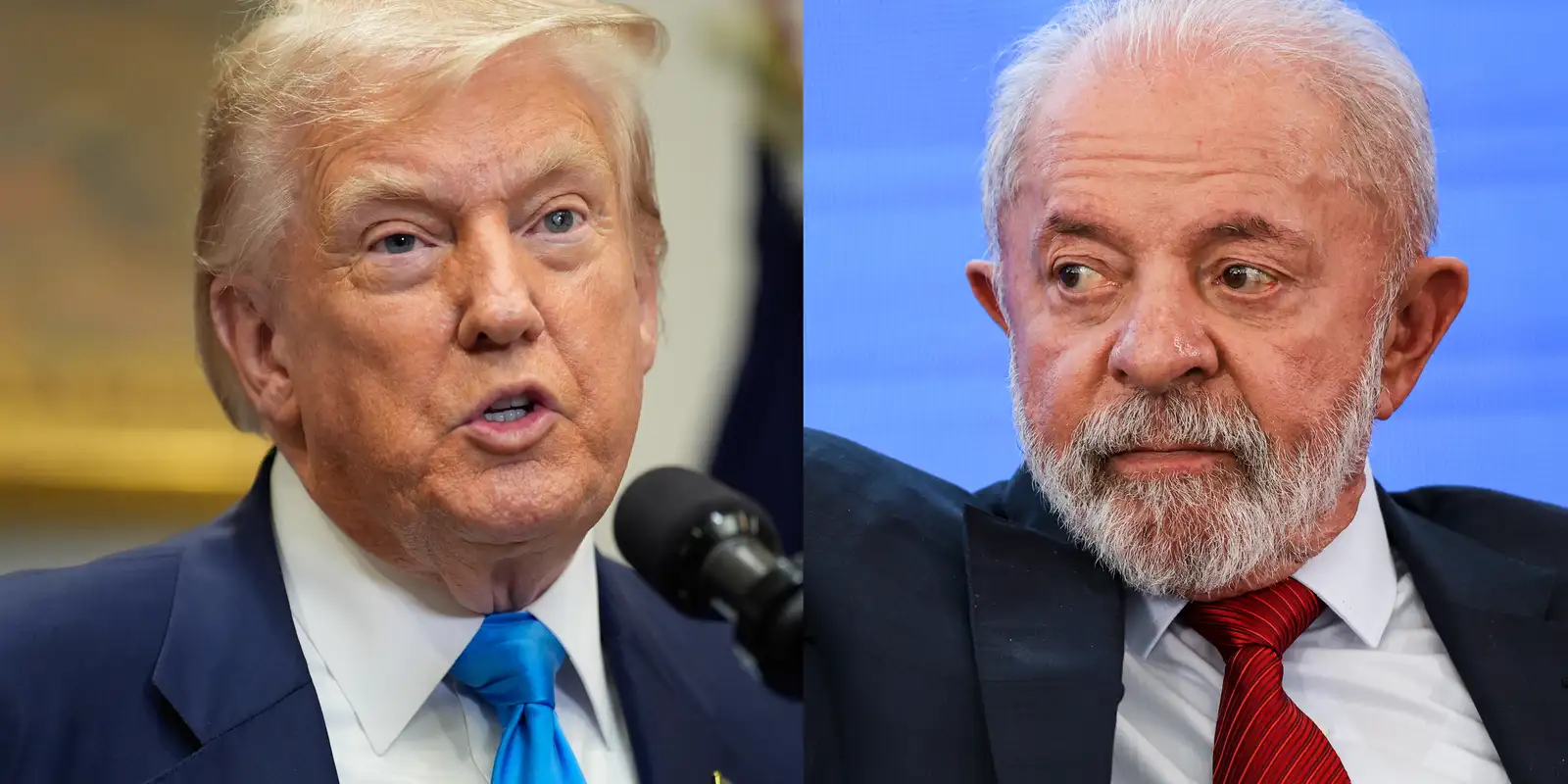 Donald Trump e Lula em imagem dividida simbolizando tensão entre Estados Unidos e Brasil sobre o Pix