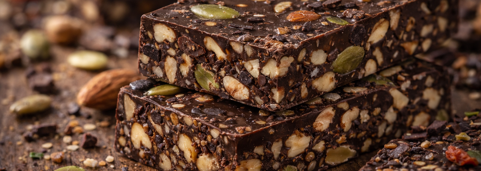 barra de chocolate funcional com castanhas e textura intensa