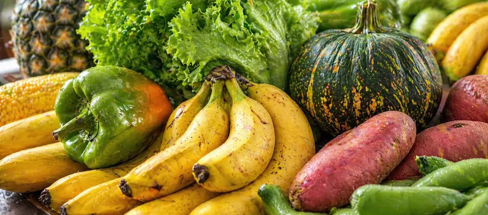 Alimentos frescos da agricultura familiar como banana, abóbora e verduras do PAA em Rondônia
