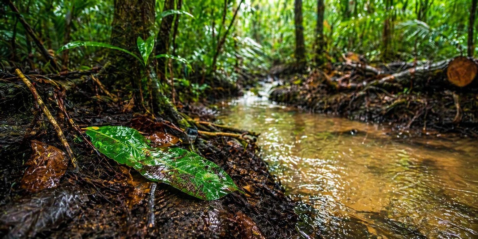 Igarapé na Amazônia em ângulo macro com folhas molhadas e floresta preservada ao fundo