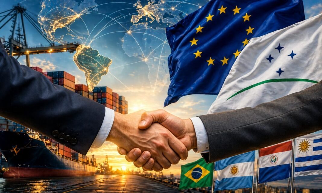Acordo UE-Mercosul com aperto de mãos e cenário de comércio internacional com porto e bandeiras