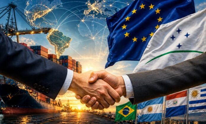 Acordo UE-Mercosul com aperto de mãos e cenário de comércio internacional com porto e bandeiras