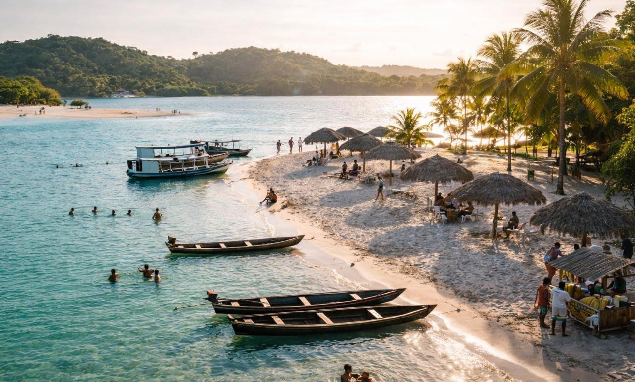 Praia de Alter do Chão no Pará com areia branca, água clara do Tapajós, barcos e vegetação amazônica ao entardecer