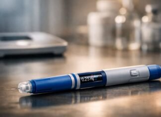 Anvisa barra três canetas emagrecedoras no Brasil Anvisa barra canetas emagrecedoras em imagem horizontal com caneta injetável em primeiro plano e balança ao fundo