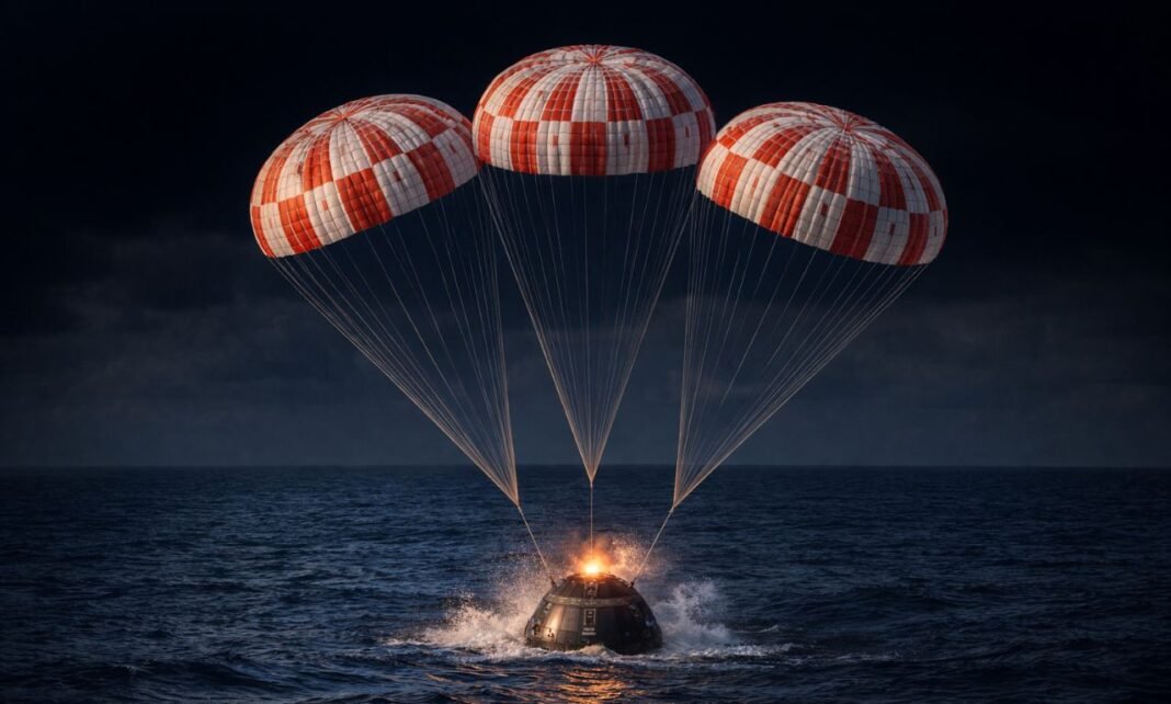 Artemis II pousa no mar com três paraquedas após missão histórica ao redor da Lua