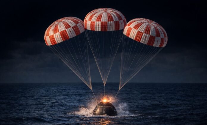 Artemis II pousa no mar com três paraquedas após missão histórica ao redor da Lua
