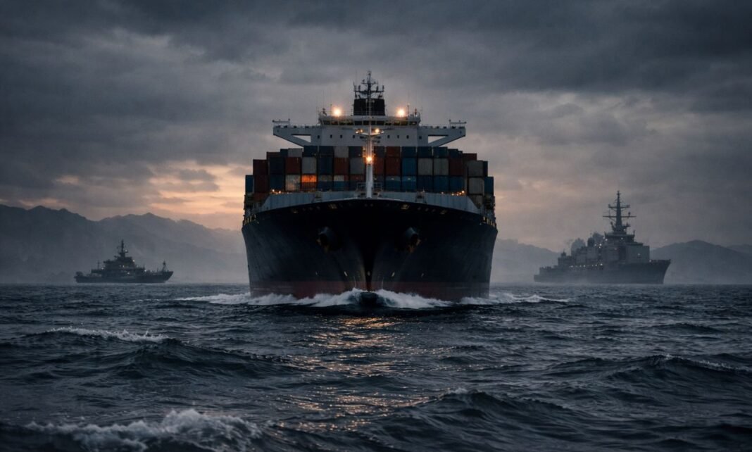 Bloqueio de Ormuz com navio cargueiro em mar agitado sob tensão entre Irã e EUA