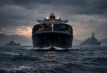 Irã reage a bloqueio de Ormuz e chama ação dos EUA de ilegal Bloqueio de Ormuz com navio cargueiro em mar agitado sob tensão entre Irã e EUA