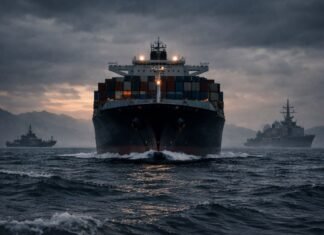 Irã reage a bloqueio de Ormuz e chama ação dos EUA de ilegal Bloqueio de Ormuz com navio cargueiro em mar agitado sob tensão entre Irã e EUA