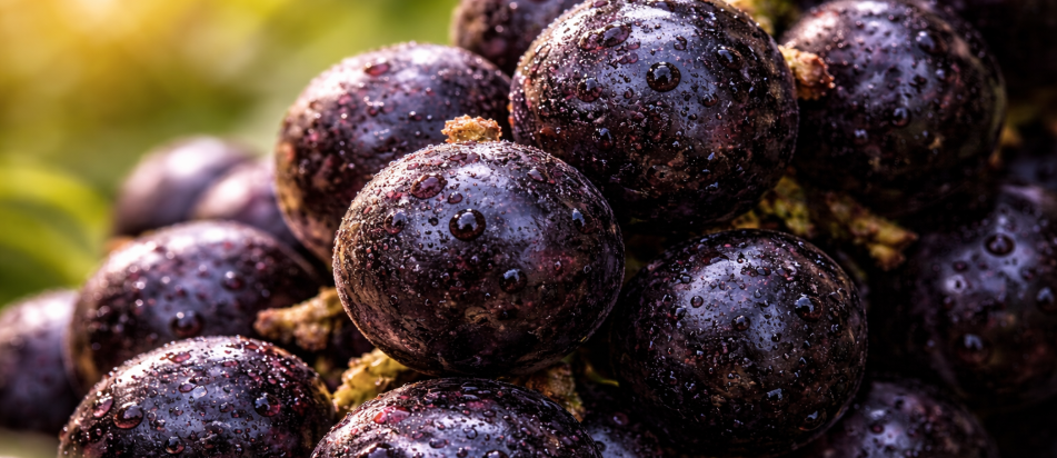 açaí em macro na horizontal com gotas d’água e textura detalhada