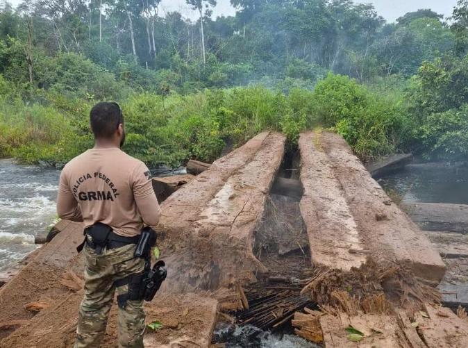 Agente da Polícia Federal diante de ponte clandestina destruída em área de garimpo ilegal em RO