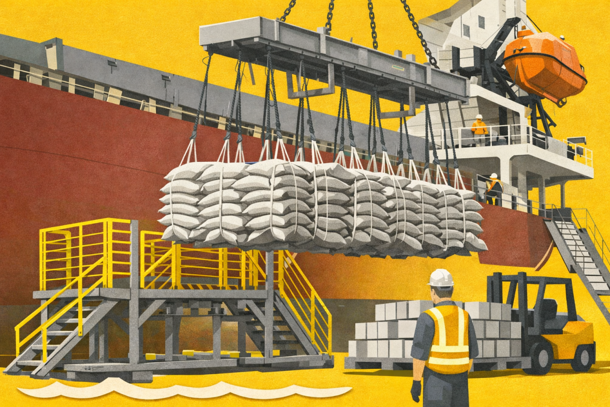 Navio cargueiro recebe sacas suspensas por guindaste durante operação portuária de exportação agropecuária