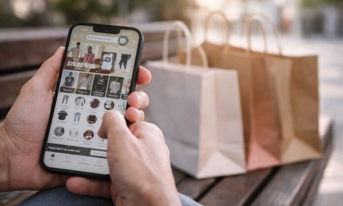 Consumidor segura celular com tela de compra online enquanto sacolas aparecem ao fundo, em referência à taxa das blusinhas.
