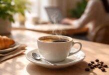 Dia Mundial do Café destaca efeitos da bebida no humor e na disposição Dia Mundial do Café com xícara quente sobre mesa clara e ambiente de trabalho ao fundo