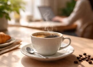 Dia Mundial do Café destaca efeitos da bebida no humor e na disposição Dia Mundial do Café com xícara quente sobre mesa clara e ambiente de trabalho ao fundo