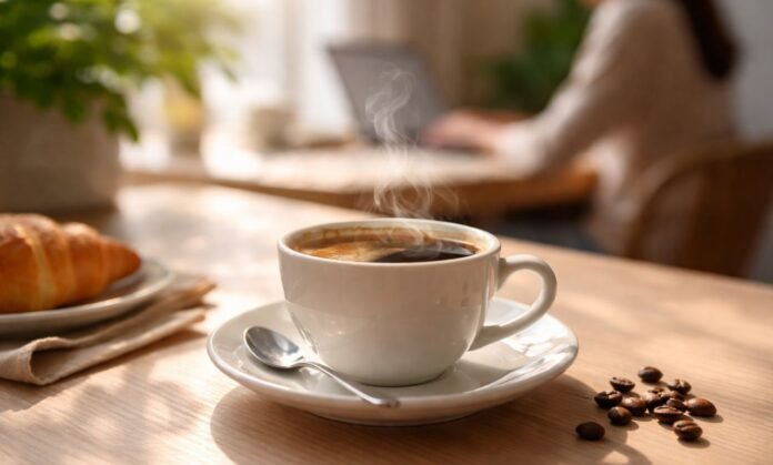 Dia Mundial do Café com xícara quente sobre mesa clara e ambiente de trabalho ao fundo