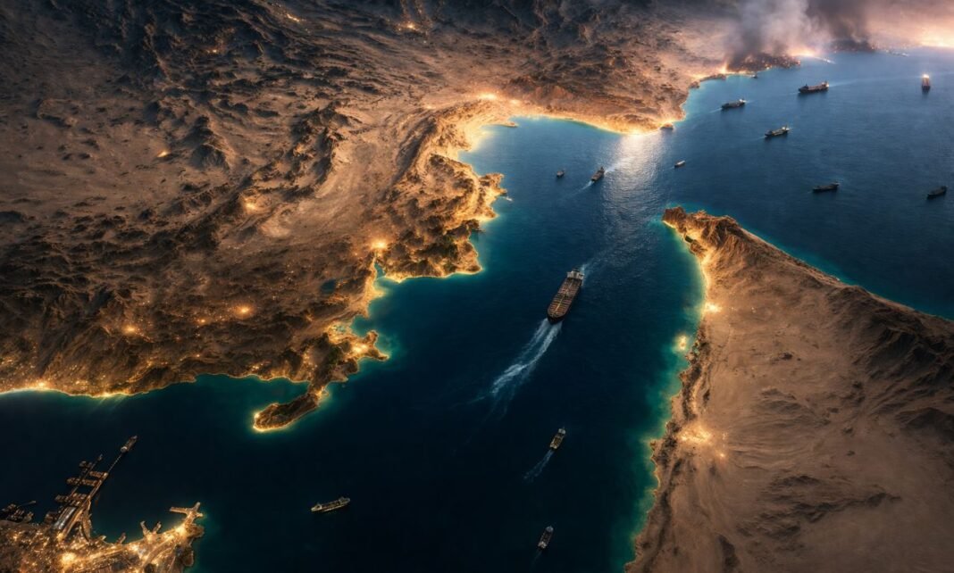 Estreito de Ormuz visto do alto com navios cargueiros em rota marítima sob clima de tensão geopolítica