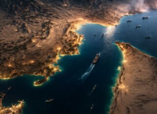 Irã reabre estreito de Ormuz durante cessar-fogo Estreito de Ormuz visto do alto com navios cargueiros em rota marítima sob clima de tensão geopolítica