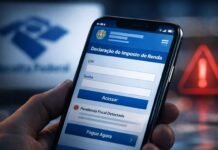 Sites falsos usam declaração do IR 2026 como isca para golpes Golpes no Imposto de Renda 2026 em celular com página falsa que imita ambiente oficial