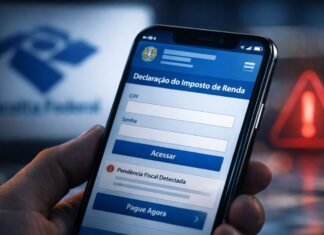 Sites falsos usam declaração do IR 2026 como isca para golpes Golpes no Imposto de Renda 2026 em celular com página falsa que imita ambiente oficial