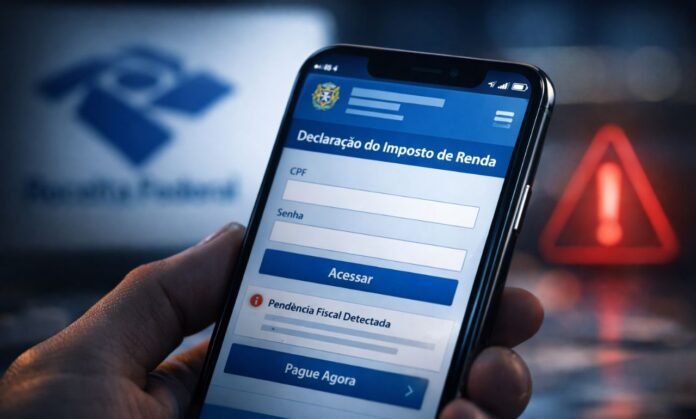 Golpes no Imposto de Renda 2026 em celular com página falsa que imita ambiente oficial