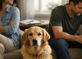 Governo sanciona lei que define guarda de pets no divórcio Guarda compartilhada de pets em cena de separação com casal e cachorro no centro
