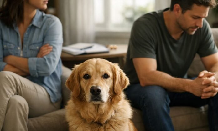Guarda compartilhada de pets em cena de separação com casal e cachorro no centro