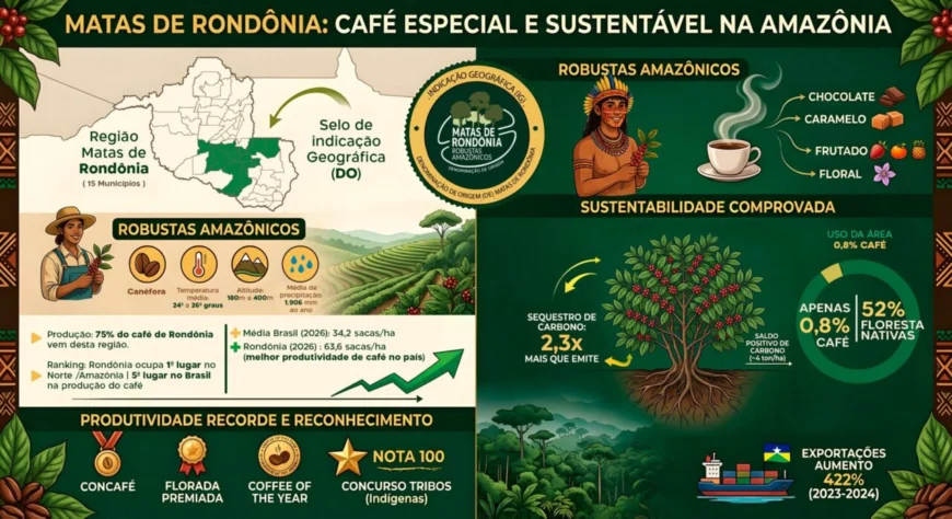 infográfico sobre o café das Matas de Rondônia com dados de produção, sustentabilidade e exportações