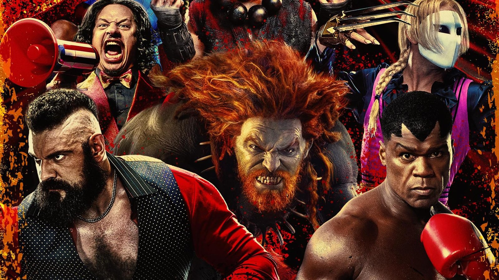 Pôster de Street Fighter com personagens do live action em montagem promocional com Blanka ao centro