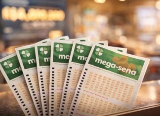Mega-Sena pode pagar R$ 40 milhões no sorteio deste sábado Mega-Sena R$ 40 milhões com bilhetes em leque sobre balcão de lotérica