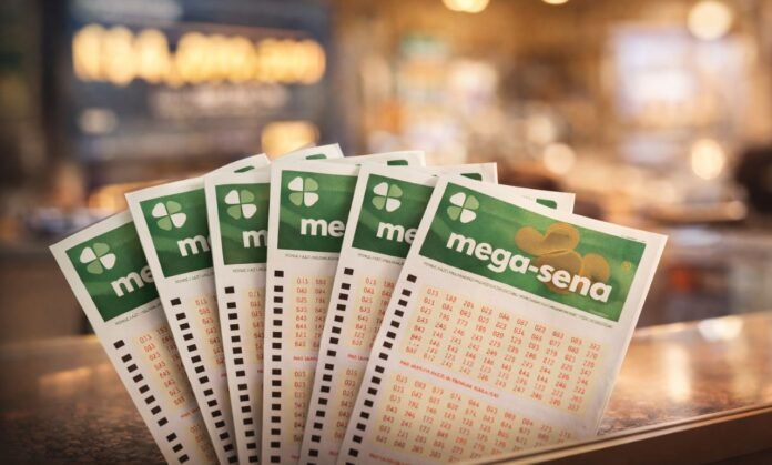Mega-Sena R$ 40 milhões com bilhetes em leque sobre balcão de lotérica