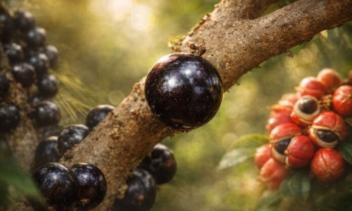 melhores frutas do mundo com jabuticaba em destaque e referências a açaí e guaraná