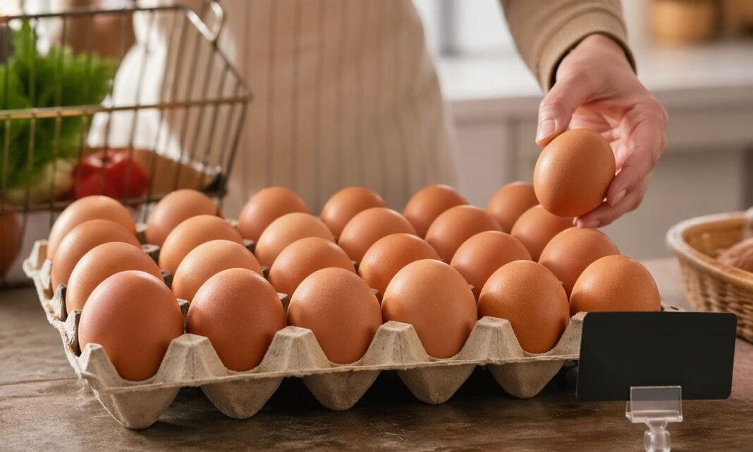 Bandeja de ovos sobre bancada com etiqueta de preço discreta em cena que representa queda no preço dos ovos