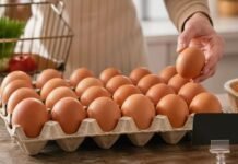 Preço dos ovos começa a cair e alivia o bolso do consumidor Bandeja de ovos sobre bancada com etiqueta de preço discreta em cena que representa queda no preço dos ovos