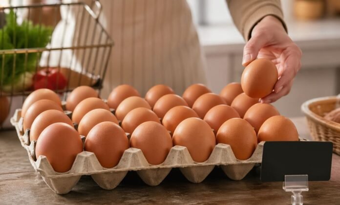 Bandeja de ovos sobre bancada com etiqueta de preço discreta em cena que representa queda no preço dos ovos