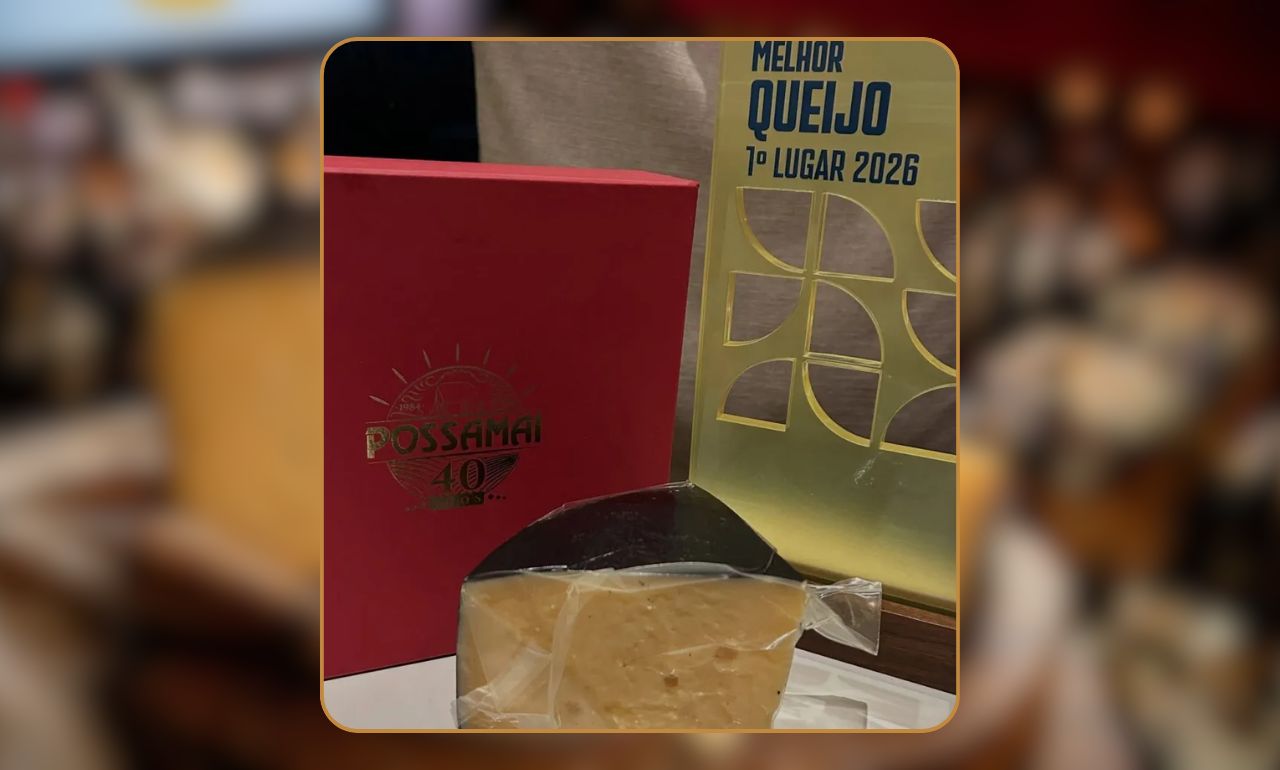 Queijo Reserva do Vale ao lado do troféu de melhor queijo do mundo no Mundial do Queijo do Brasil 2026