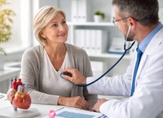 Bons hábitos do coração podem reduzir mortes por câncer Consulta médica sobre saúde cardiovascular e câncer em ambiente hospitalar moderno