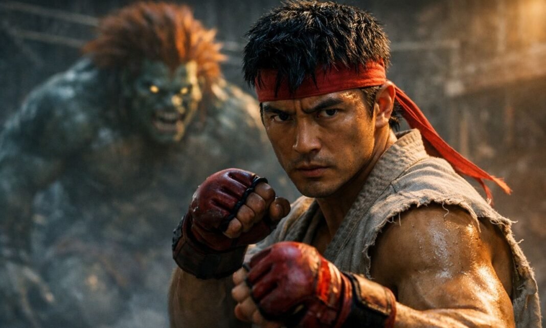 Trailer de Street Fighter com Ryu em primeiro plano e Blanka ao fundo em arena urbana cinematográfica